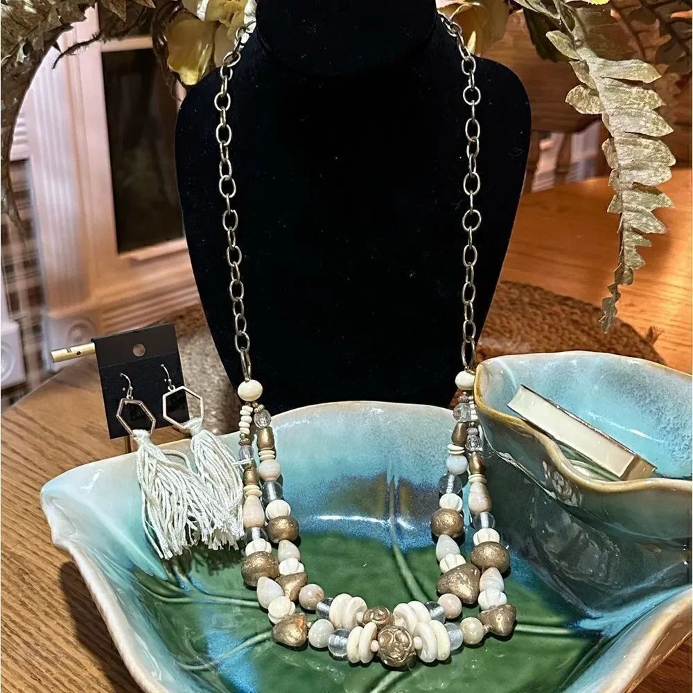 Ivory Long Statement Necklace & Matching Boho Earrings